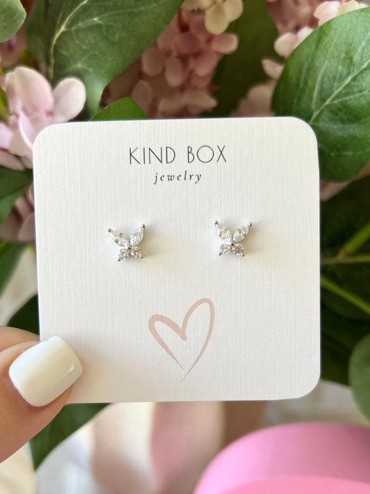 Earrings: Silver Plated Diamond Butterfly Studs